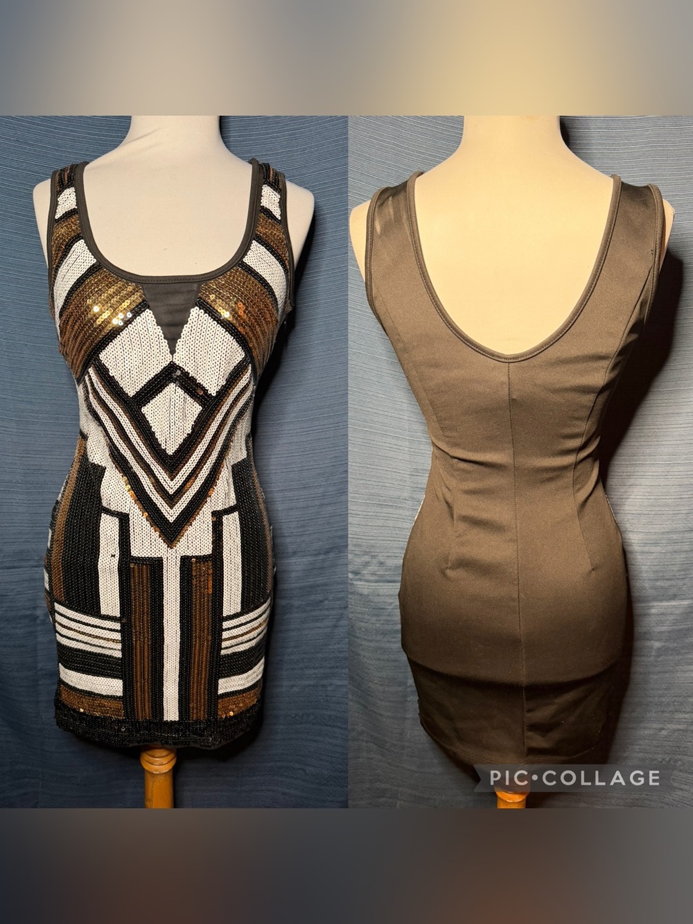 2B Bebe Black, White & Gold Sequin Geometric Mini Dress